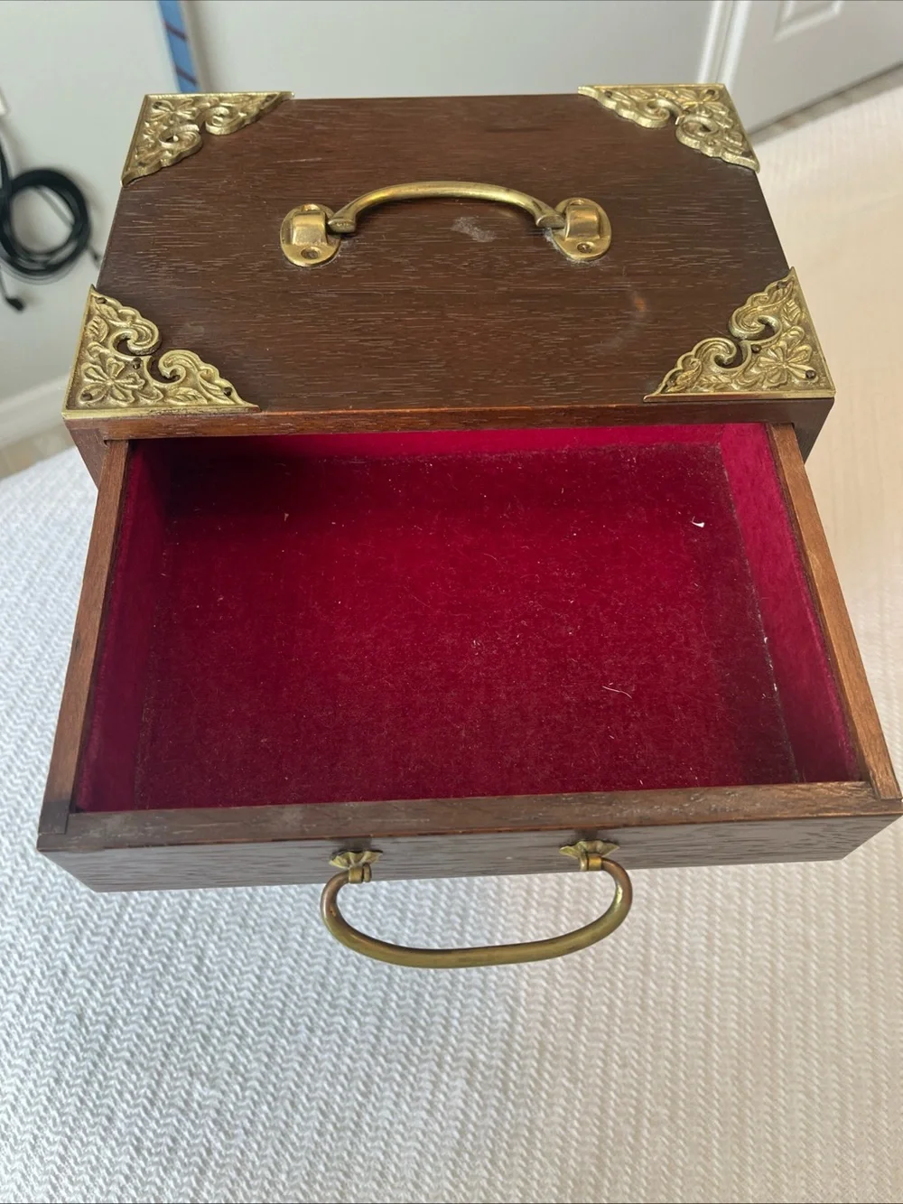 Vintage Japanese Tansu Wooden Jewelry Chest with Brass Accents - Brown
